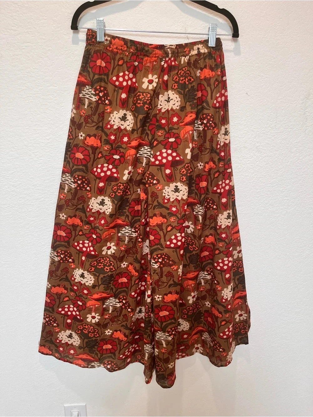 Fall Festive Wide-Leg Pants in Brown and Red Floral/Orange Mushroom Pattern